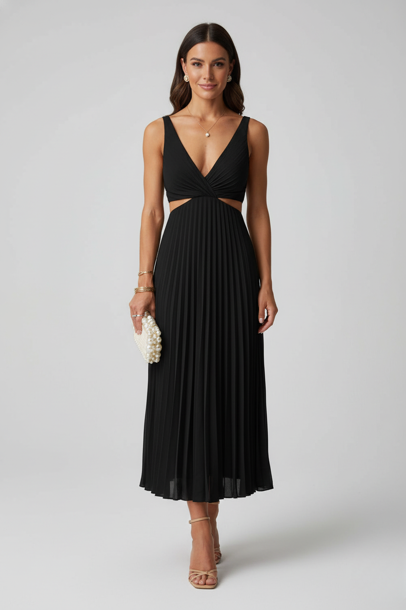 Elegant Pleated Wedding Guest Midi Dress