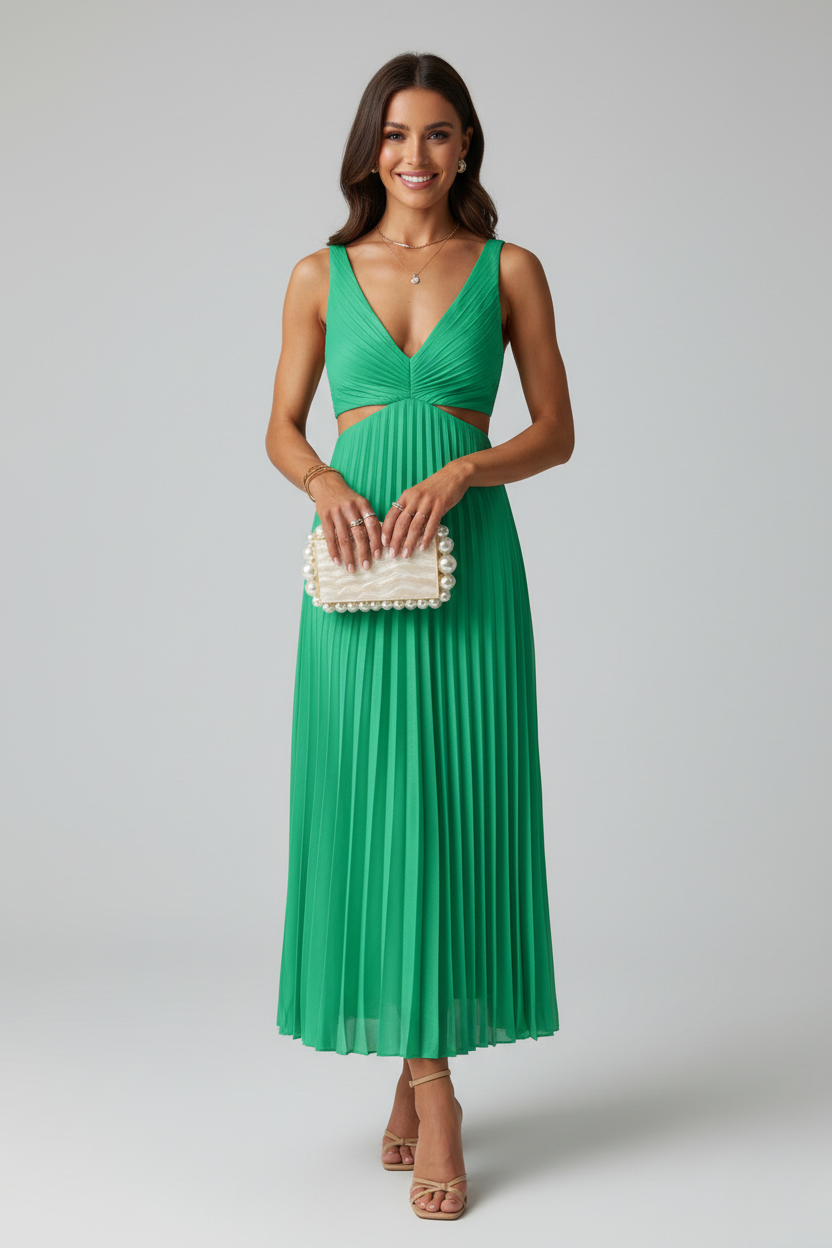 Elegant Pleated Wedding Guest Midi Dress