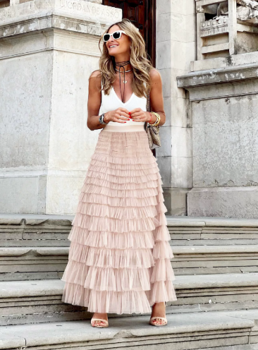 Golden Whimsy Ruffle Maxi Skirt