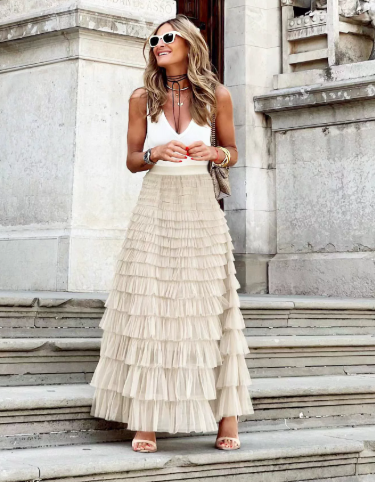 Golden Whimsy Ruffle Maxi Skirt