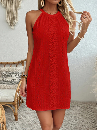 Midnight Charm Embroidered Halter Mini Dress