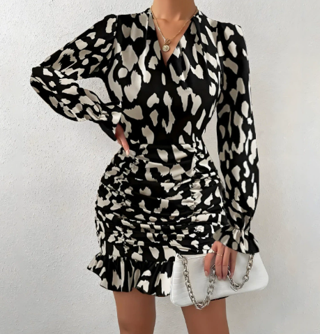 Midnight Muse Ruched Ruffle Mini Dress